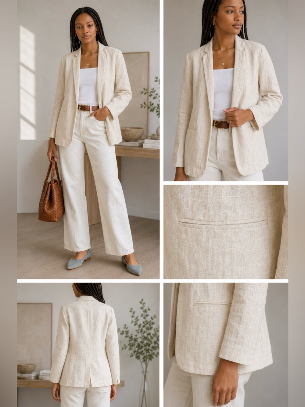AYR Ivory Women’s White Linen Blazer Jacket Linen Blazer Open Front 2